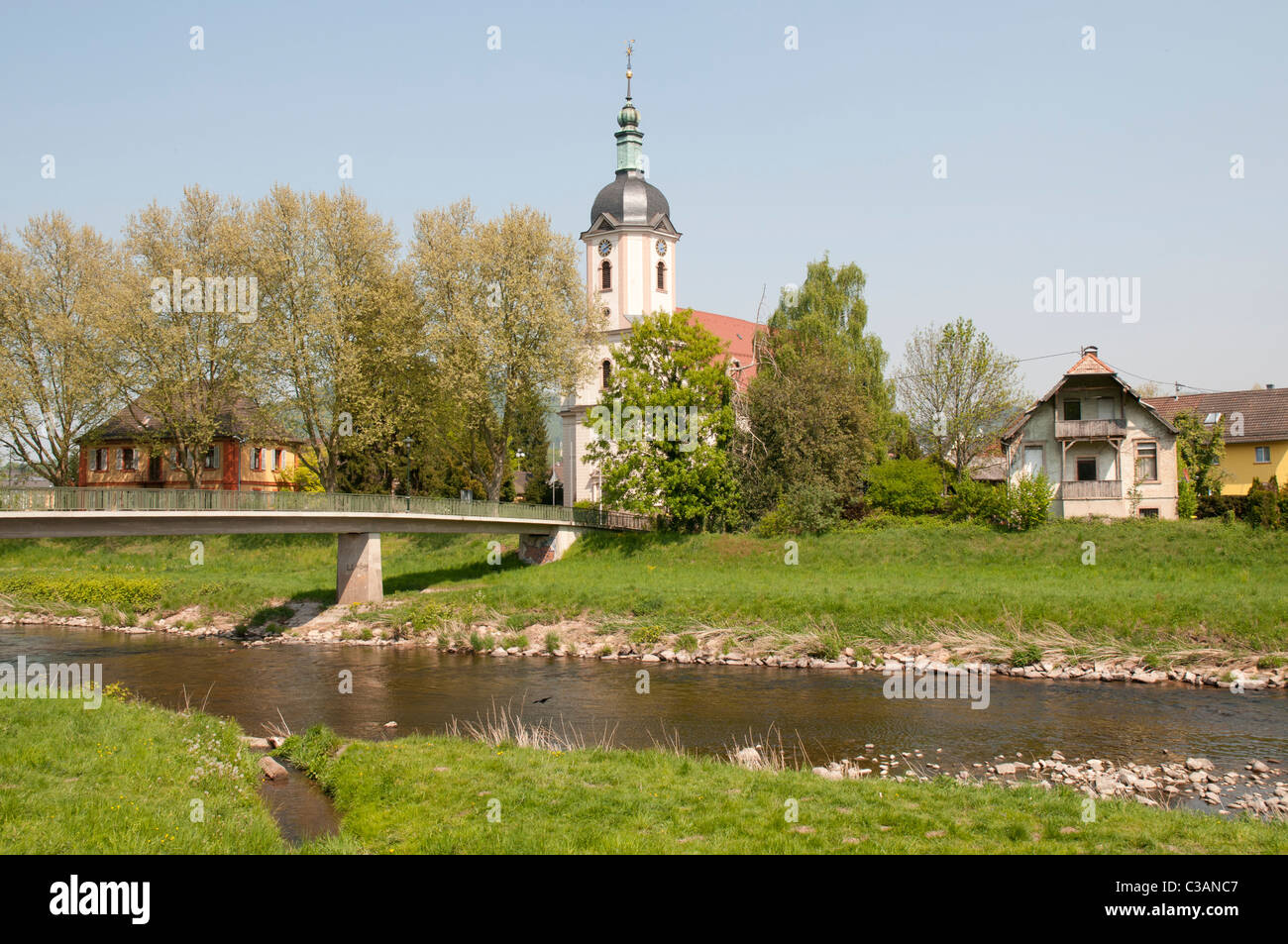 Panoramic view, river Murg, in the background the parish church of Bad Rotenfels, Black Forest, Baden-Wuerttemberg, Germany Stock Photo