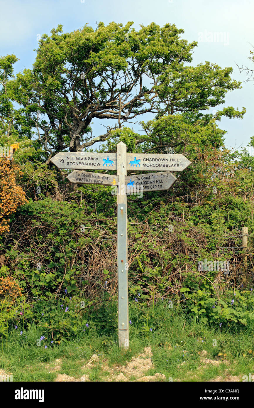 Sign post showing directions to Charmouth, Golden Cap, Stonebarrow