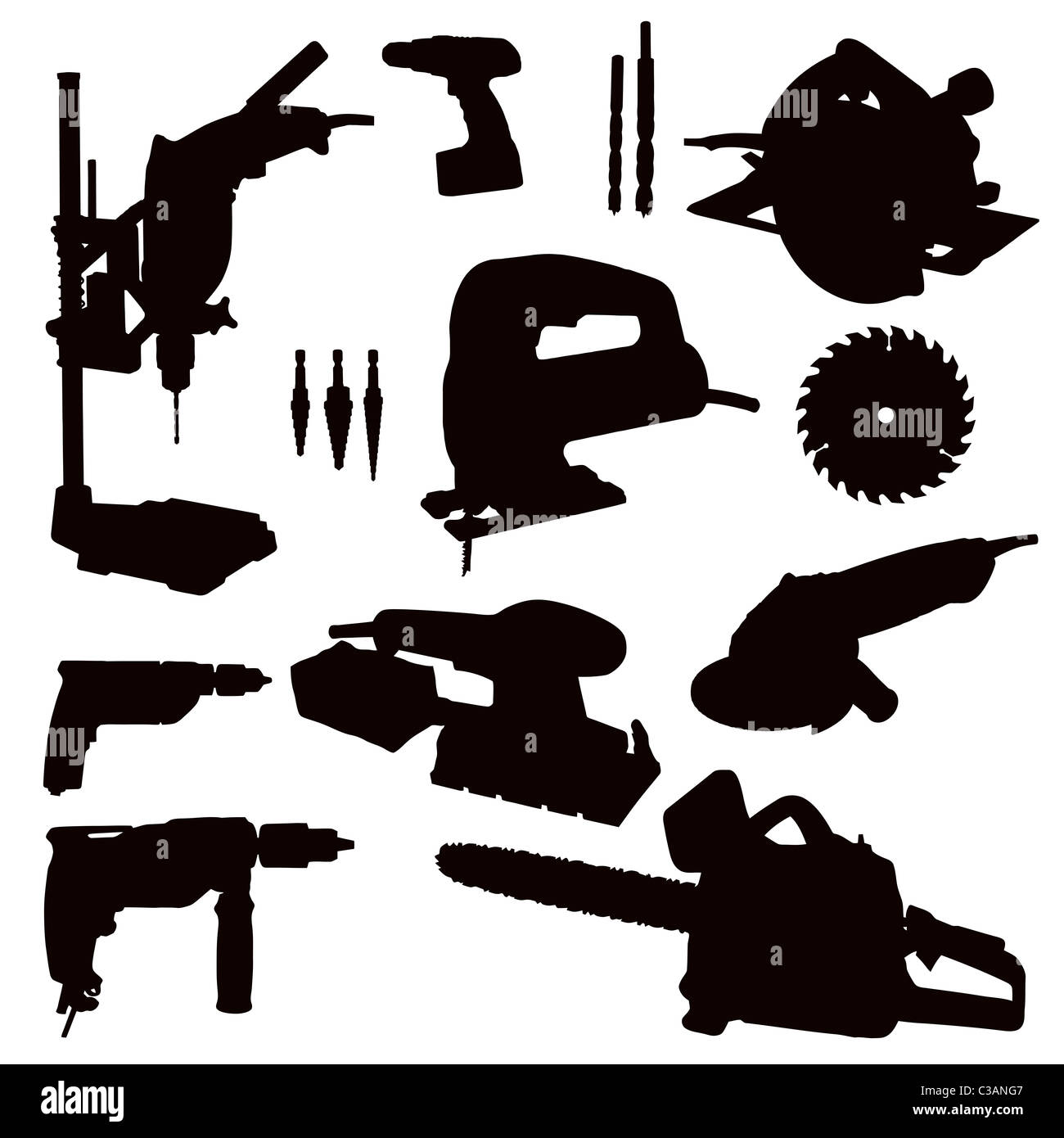 Various Isolated Power Tools - black on white Stock Photo - Alamy
