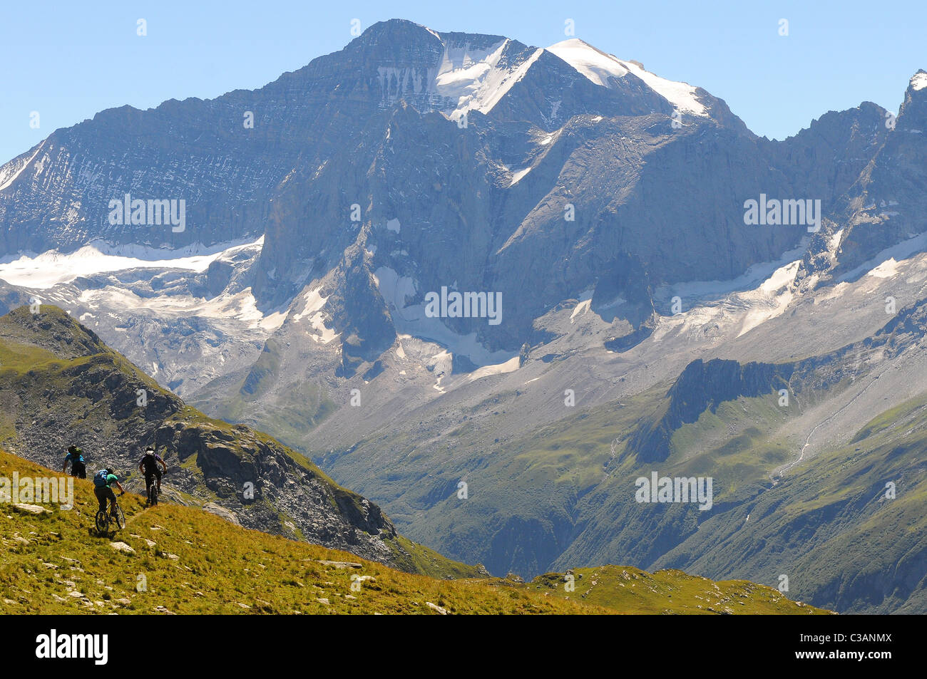 Three mountain bikers ride across an alpine meadow, high in the mountains above the village of Champagny in France. Stock Photo