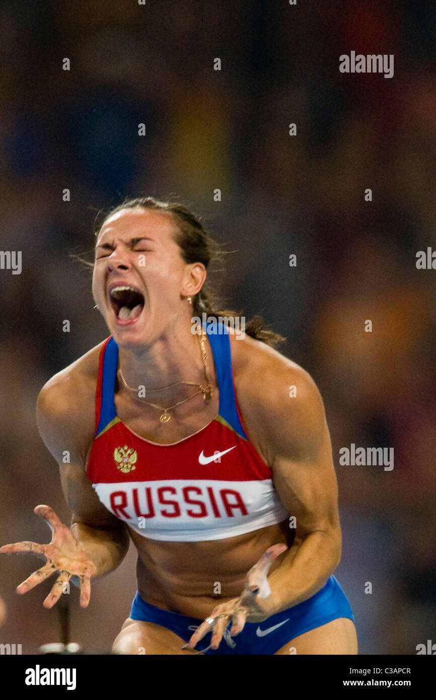 Yelena Isinbayeva (RUS) after breaking the world record at 5.05m in the pole vault at the 2008 Olympics Stock Photo