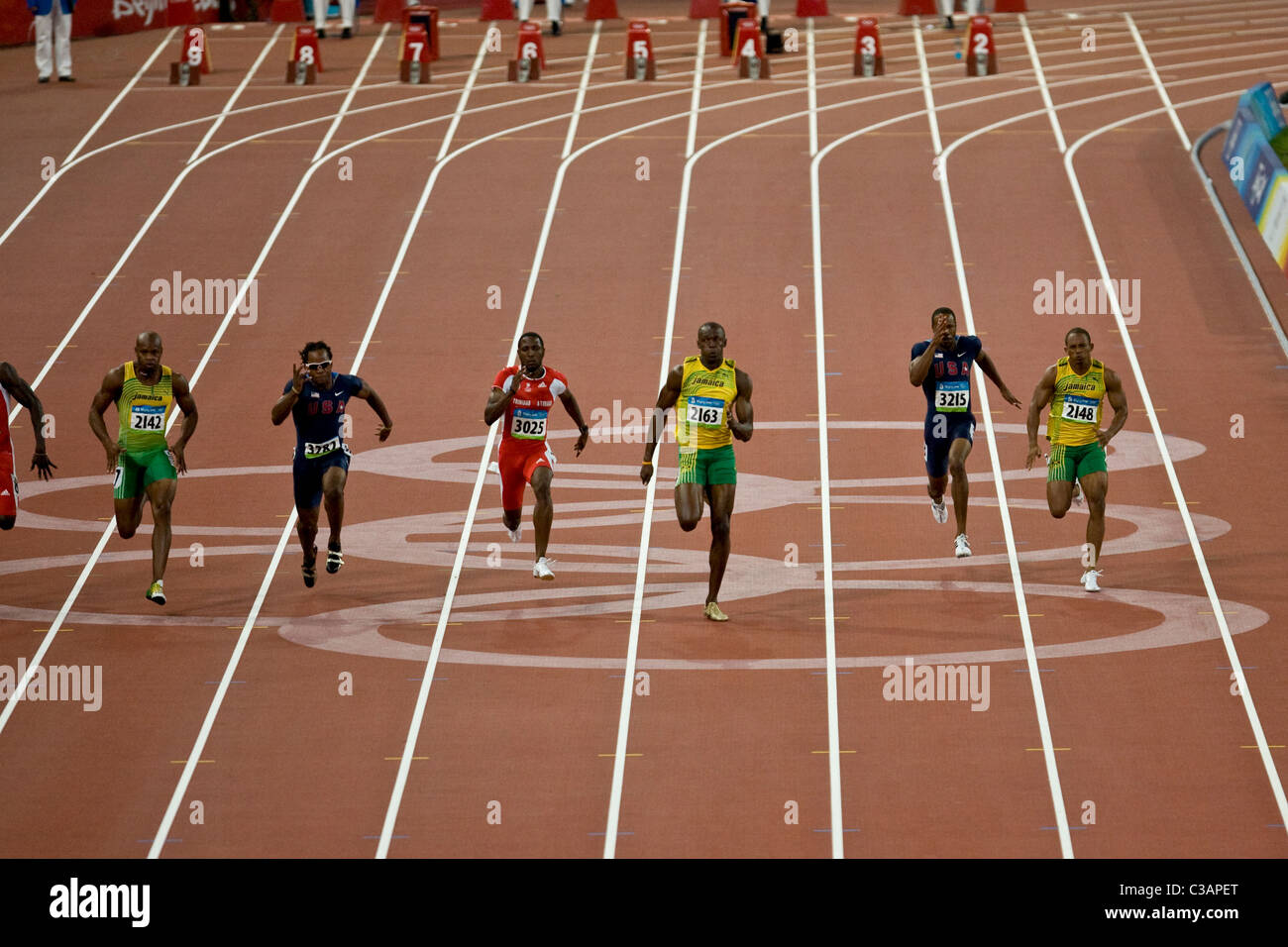 Usain Bolt wins the 100m in world record time of 9.69 seconds at the 2008 Olympic Summer Games, Beijing, China Stock Photo