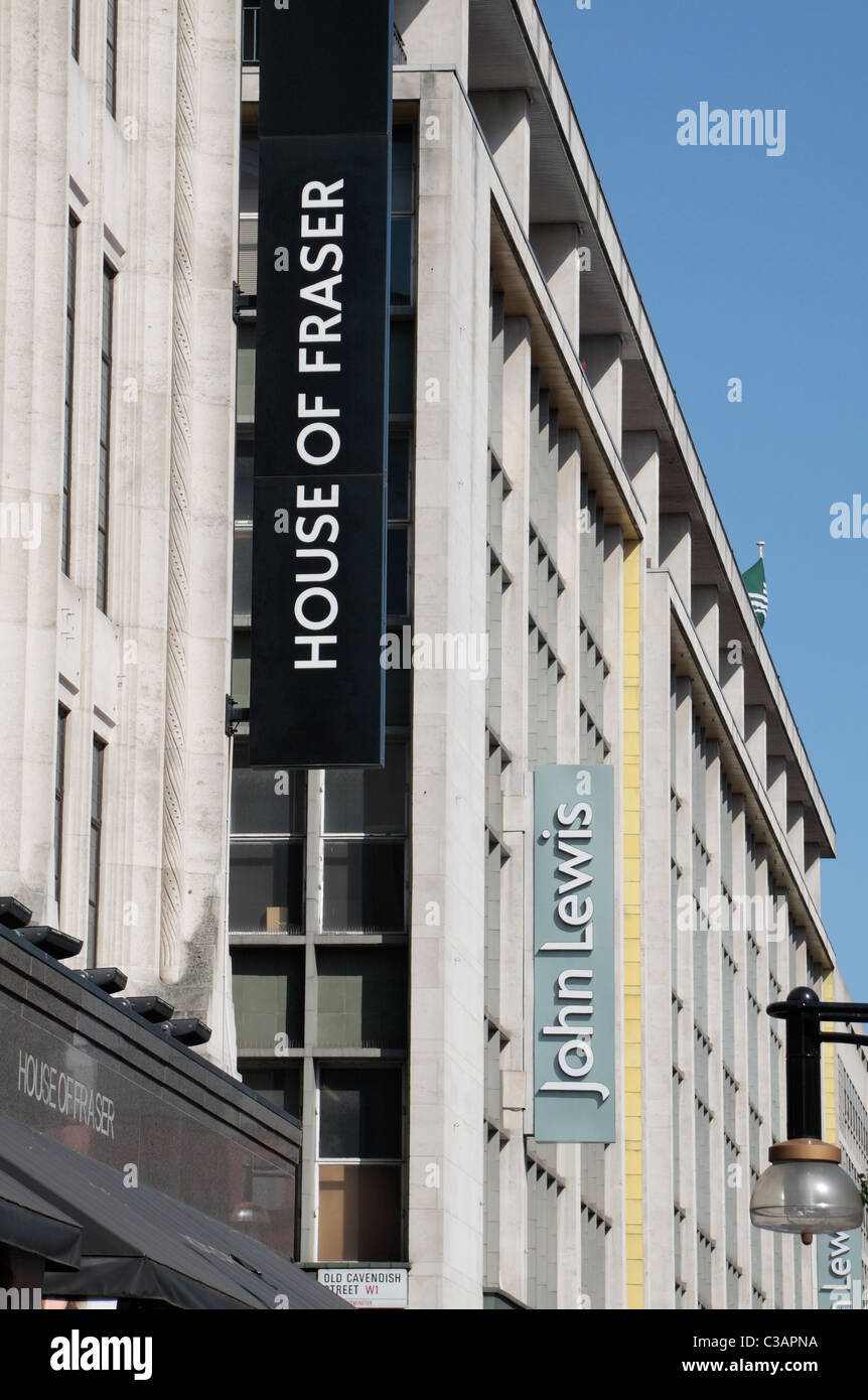 Signs on the House of Fraser and John Lewis stores on Oxford Street, London, UK. Stock Photo