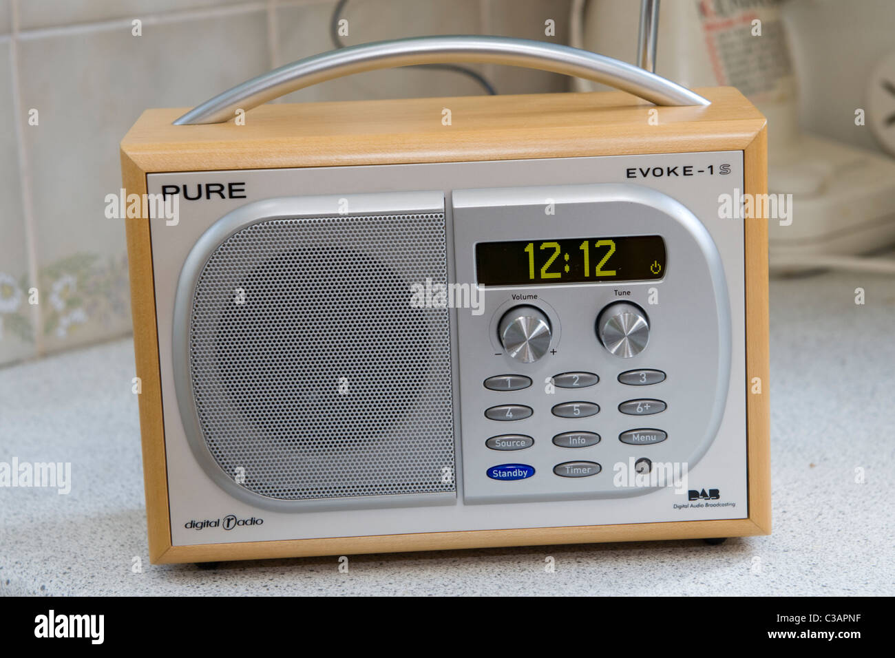 Portable DAB radio Digital Audio Broadcasting on kitchen worktop Stock