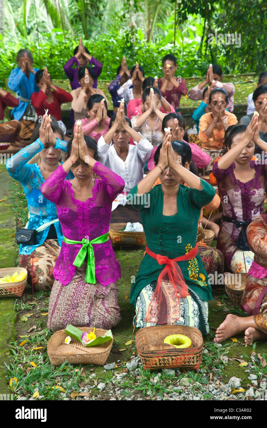 Hindu women bring offerings to the anniversary ceremony of PURA PRAJAPATI near UBUD - BENTUYUNG SAKTI, BALI Stock Photo