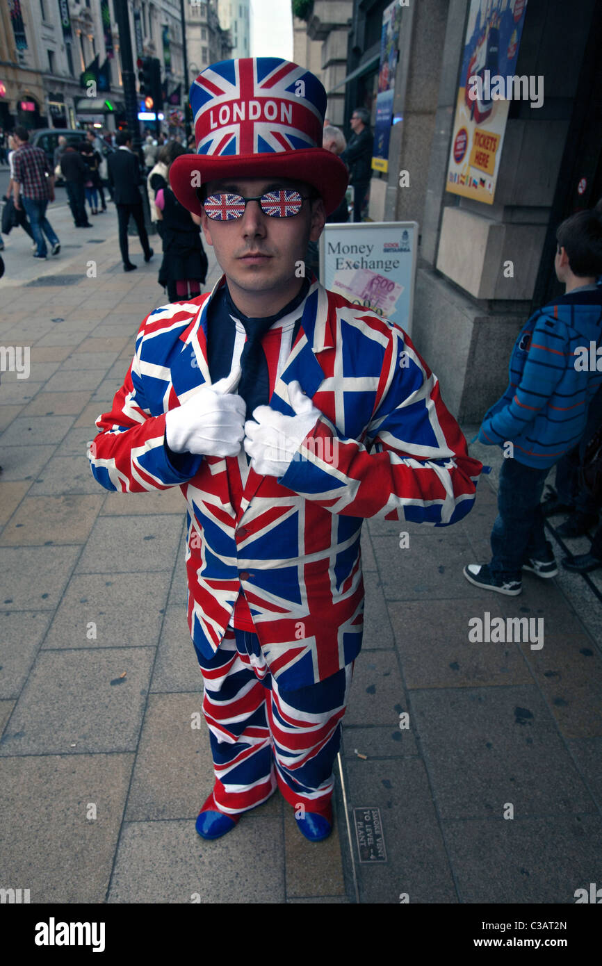 man in london dressed in union jack clothing Stock Photo