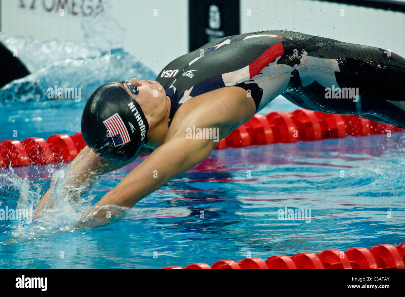 Natalie Coughlin (USA) starting the backstroke leg of the Women's 4X100 medley relay in the swimming competition at the 2008 Oly Stock Photo