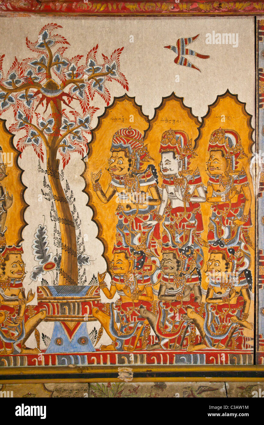 Hindu painting inside the KERTHA GOSA PAVILION used as a court of law KLUNGKUNG also know as SEMAPURA - BALI, INDONESIA Stock Photo