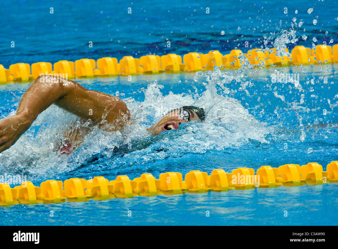 Michael Phelps swimming in the 4X200 relay final in the swimming competition at the 2008 Olympic