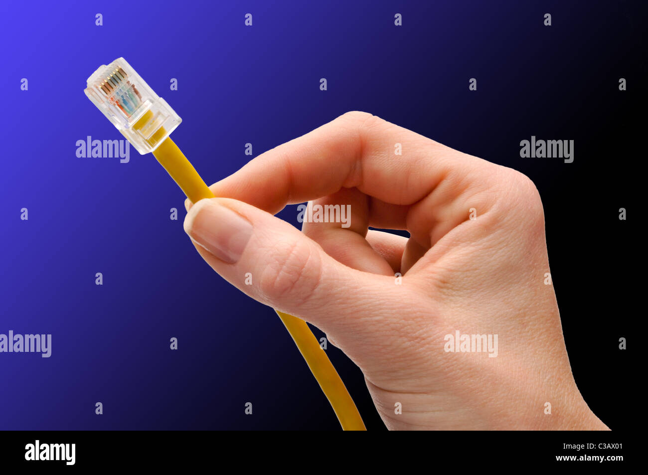 hand holding cat 5 network cable in fingers Stock Photo