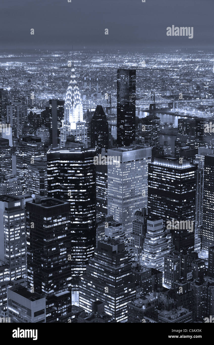 New York City Manhattan aerial view at dusk with urban city skyline and ...