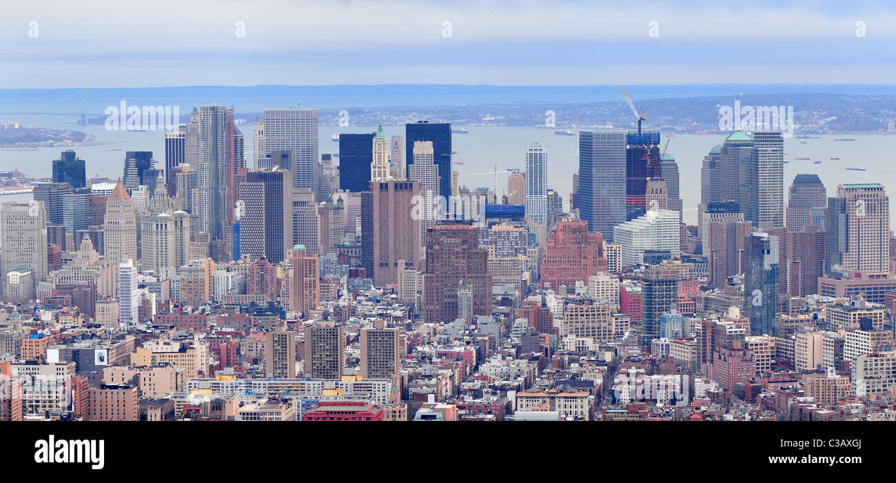New York City Manhattan downtown skyscrapers panorama aerial view Stock ...