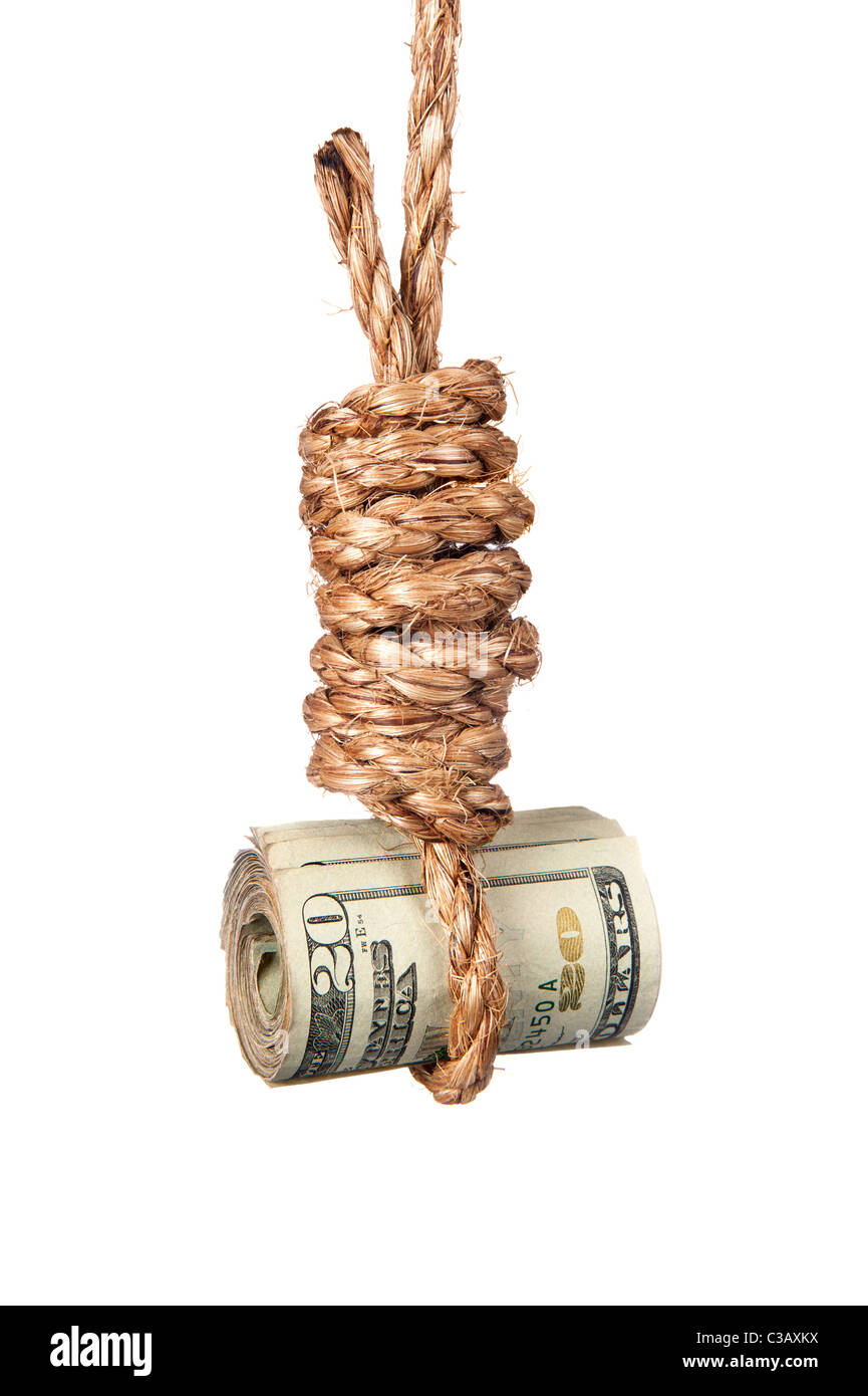 A roll of cash in a noose depicting tough economic times, devaluation, recession and financial collapse. Stock Photo