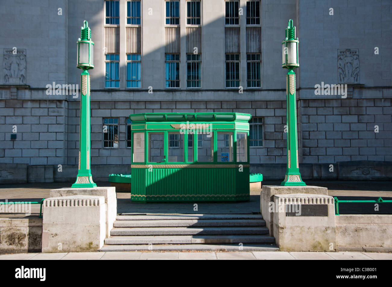 Art Deco booth and lampposts outside St Georges Dock Ventilation Tower in Liverpool, England. Stock Photo