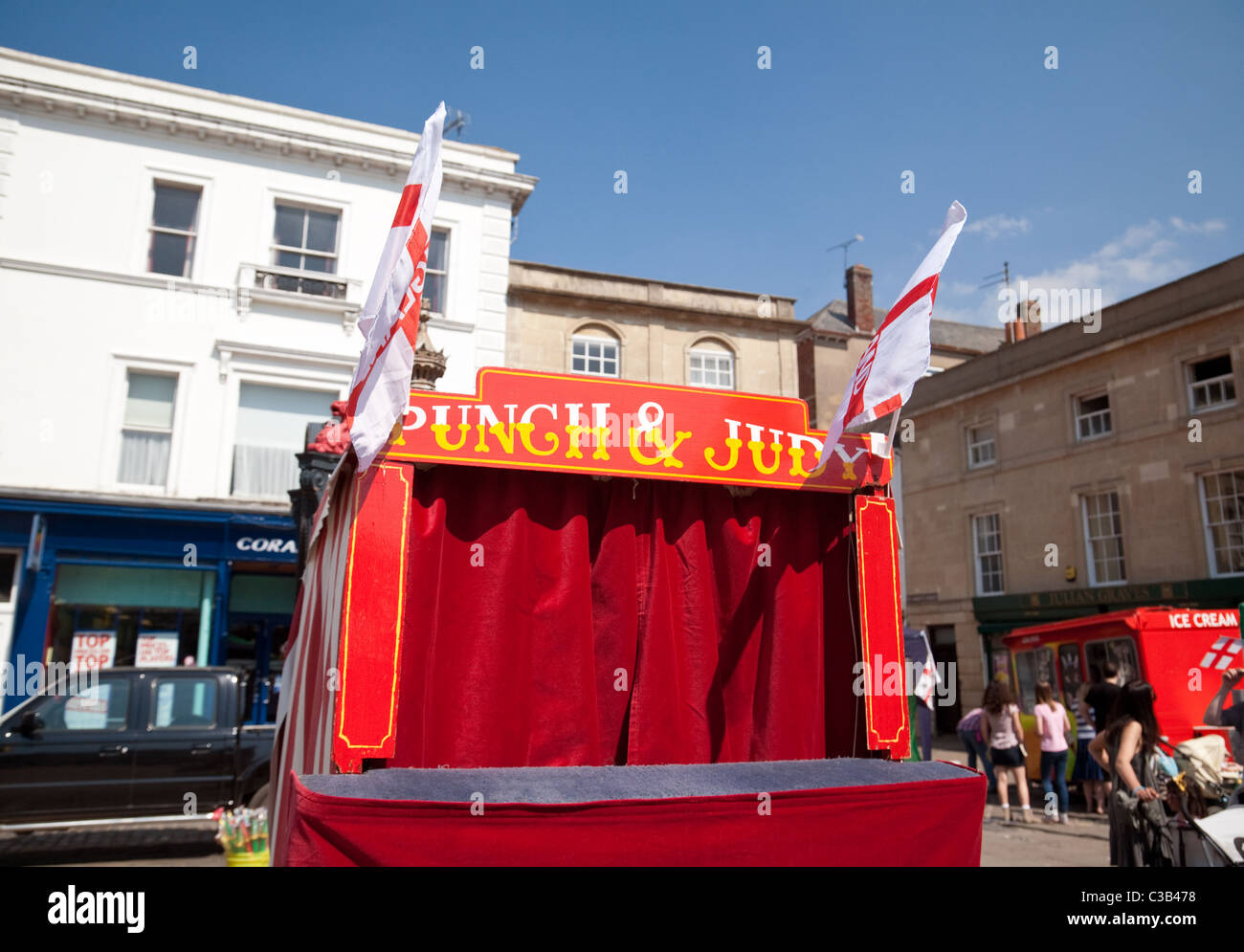 Closed Punch and Judy show at a fair, Wallingford town, Oxfordshire, UK Stock Photo