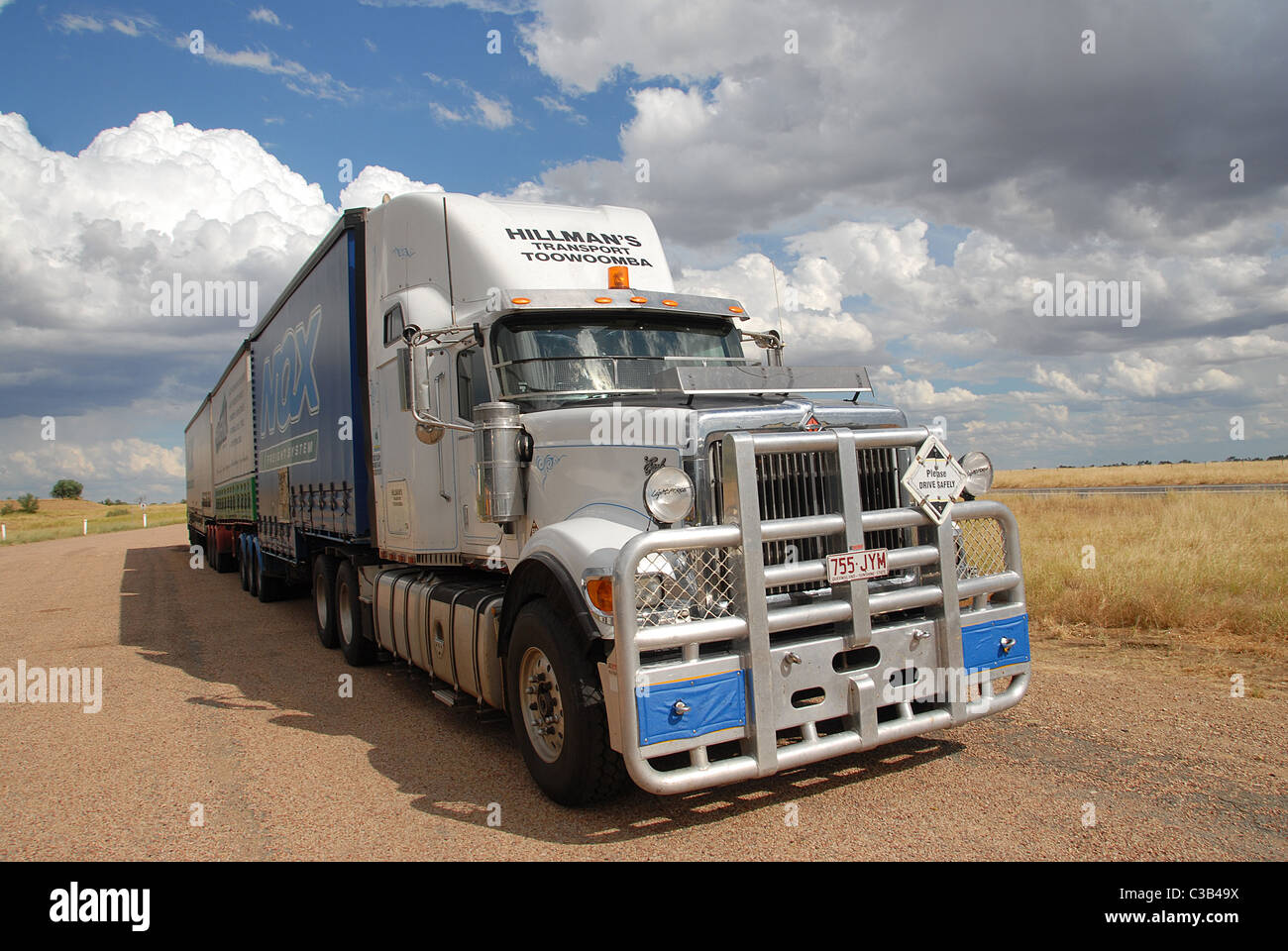 Impressive road train in Australia's outback Queensland on the highway from Longreach to Winton Stock Photo