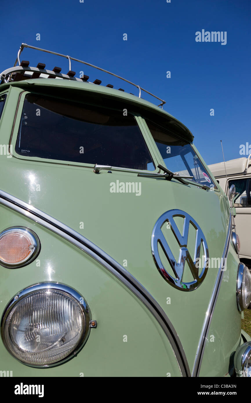 Split screen VW camper van, Stanford Hall, UK Stock Photo