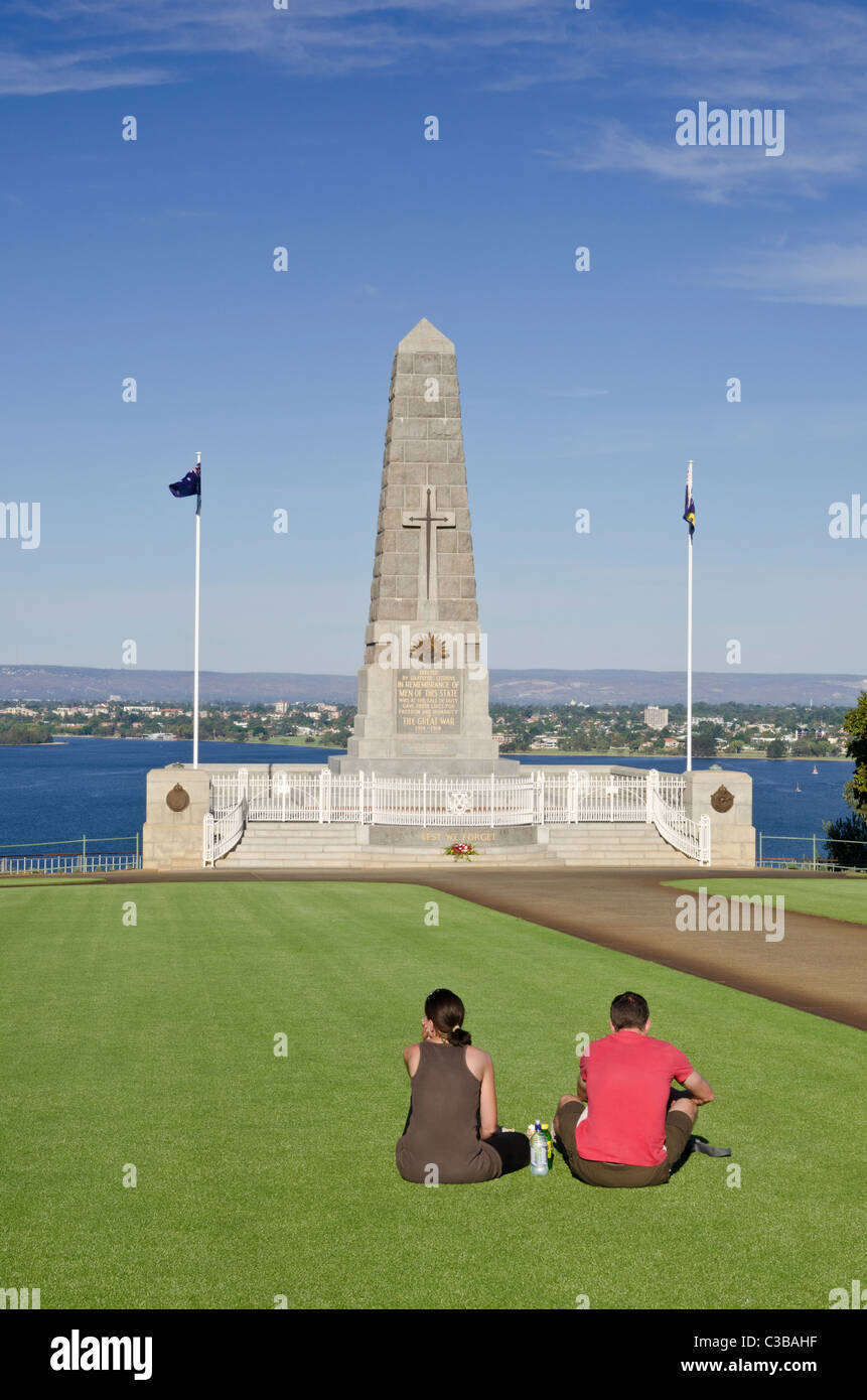 A couple sit near the State War Memorial, Kings Park, Perth, Western