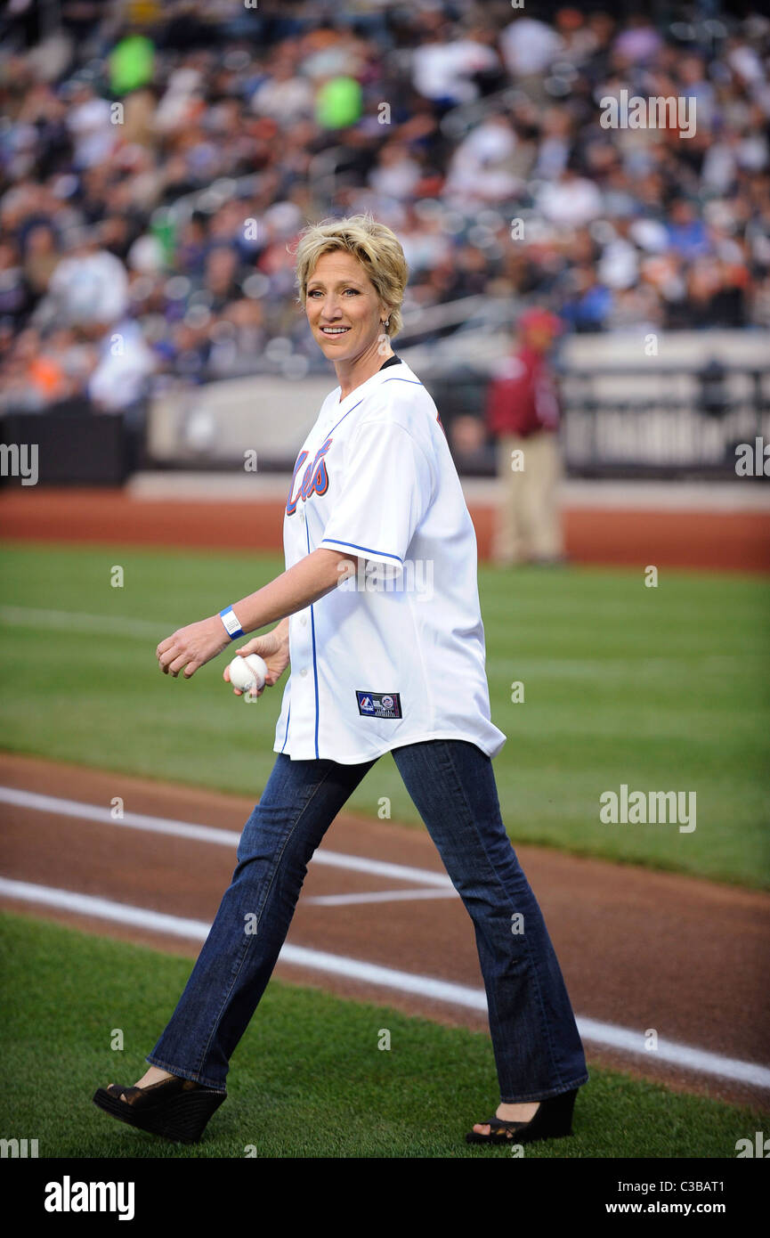 Actress and Brooklyn native Edie Falco threw out the ceremonial first pitch before the Mets game at Citi Field Queens, New York Stock Photo