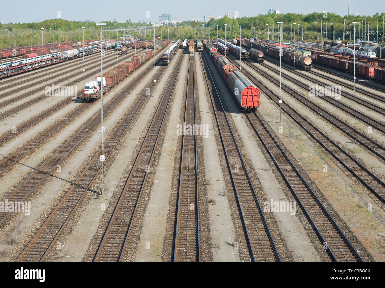 Railroad Yard Terminal with New Automobiles for Export Stock Photo