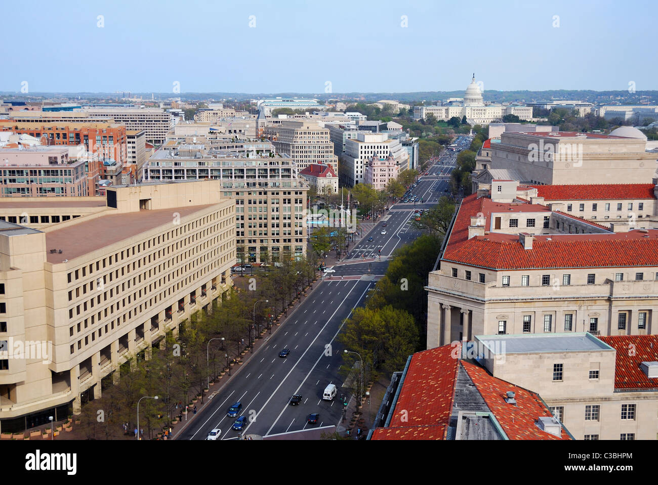Washington DC skyline with government buildings and capitol hill on Pennsylvania Avenue. Stock Photo