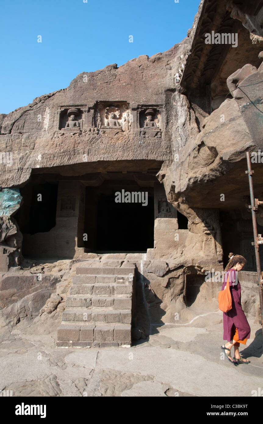 Ellora Caves Kailasa Temple. Carved directly into a basalt rock cliff, Stock Photo