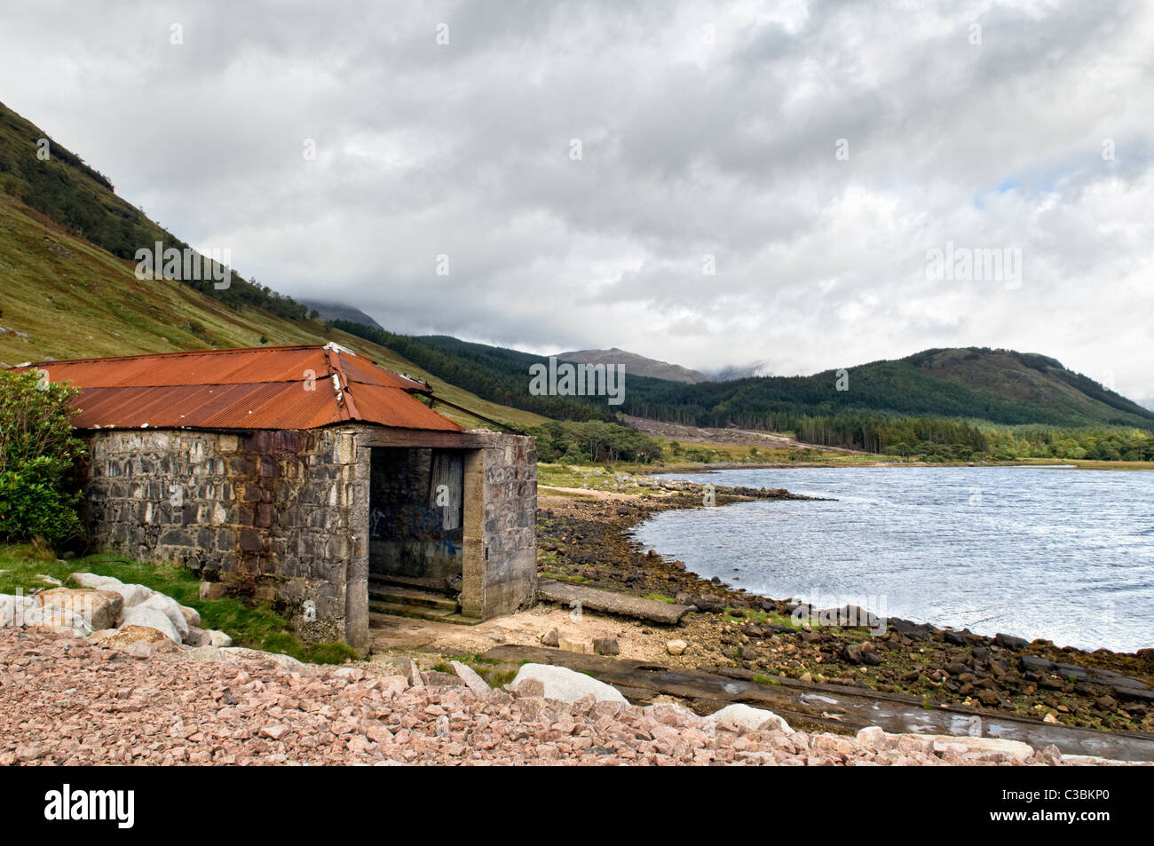 Loch Etive and old boat house at Glen Etive, Glencoe region, Scotland