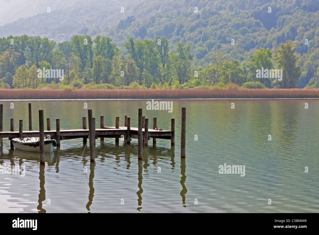 kleiner Holzsteg am Lago di Piano, Italien Stock Photo