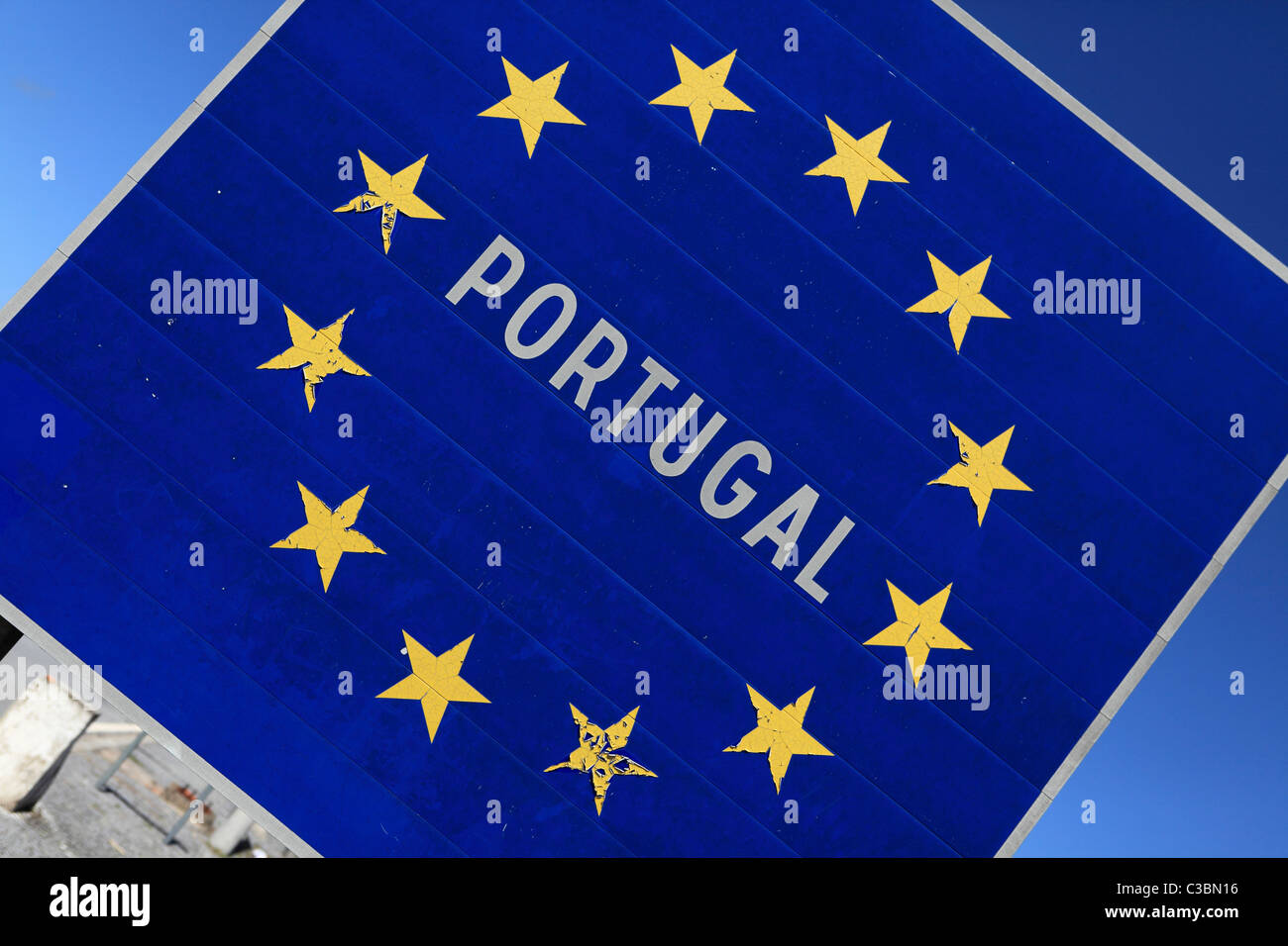 The sign announcing entry to Portugal on the Spain-Portugal border. Stock Photo