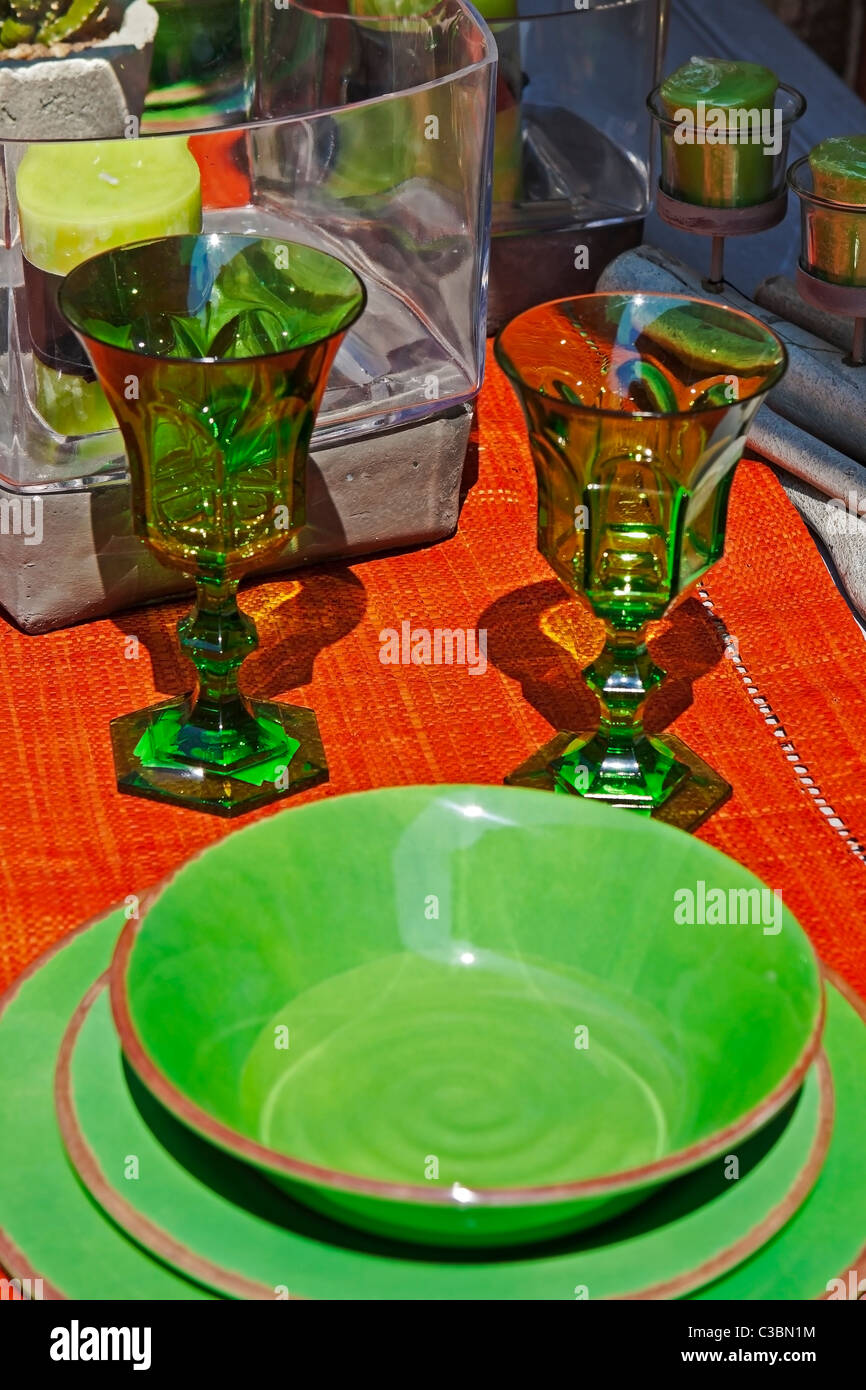 mediterranean table in green and orange Stock Photo