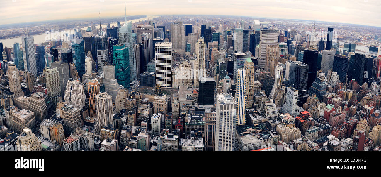 New York City Manhattan panorama aerial view at dusk with urban city ...