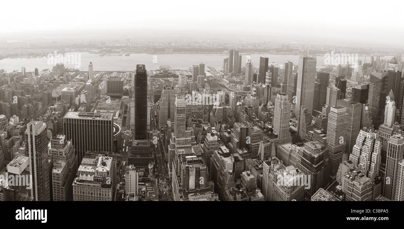 New York City Manhattan skyline aerial view panorama black and white ...