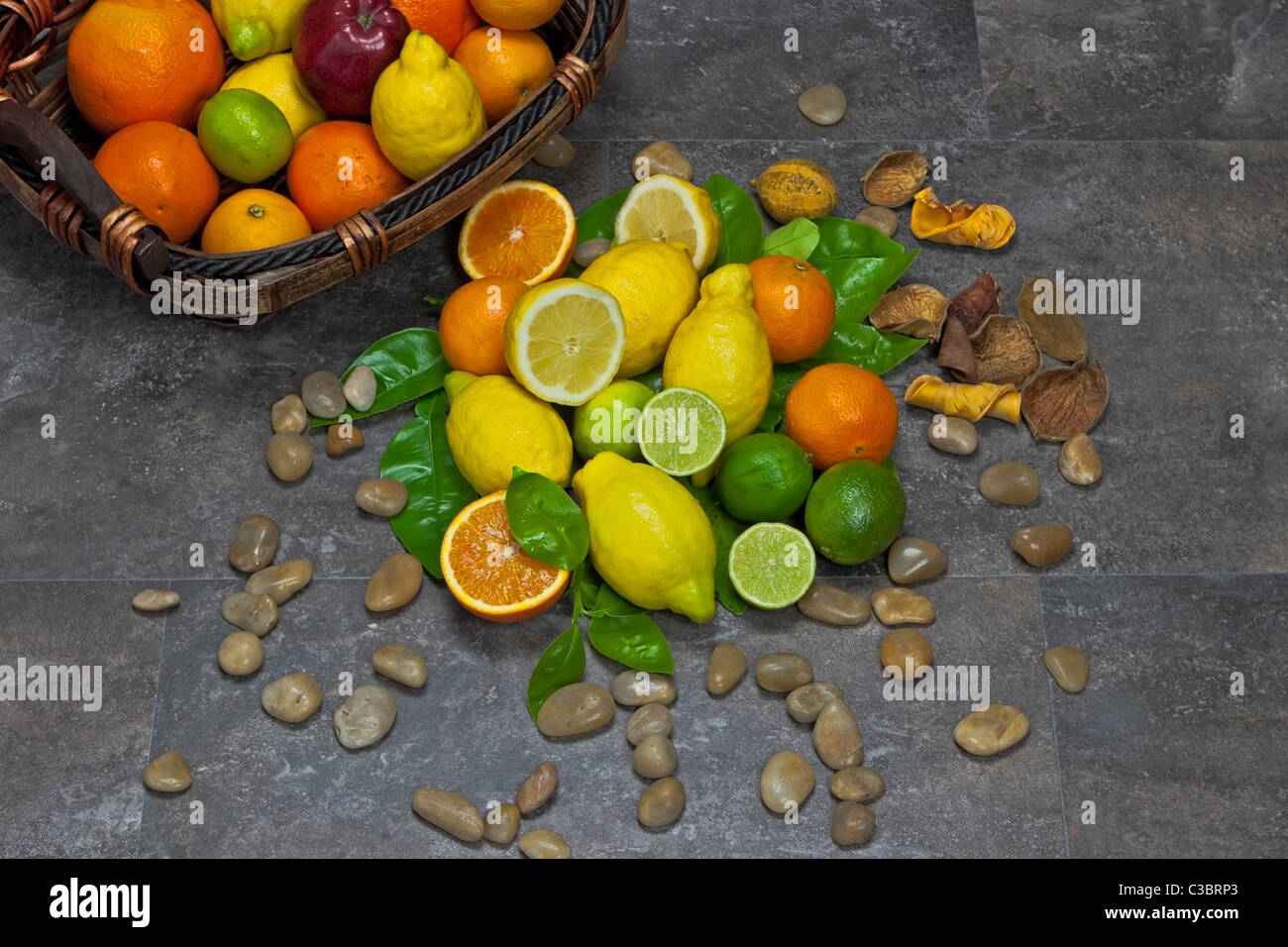 assortment with citrus fruits in a basket Stock Photo