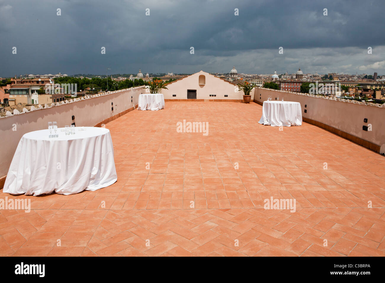 Empty tables on rooftop, Rome, Italy, Europe Stock Photo