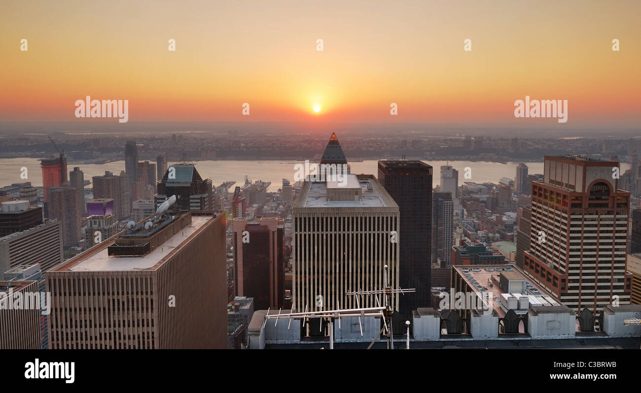 New York City Manhattan sunset panorama aerial view with skyline and ...