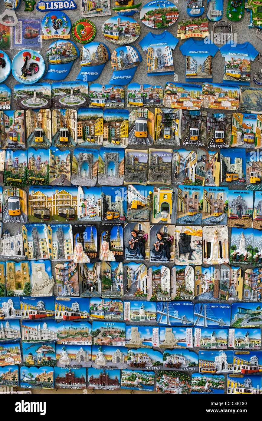 Tourist magnets pins buttons gifts for sale in Chiado district of Lisbon, Portugal Stock Photo