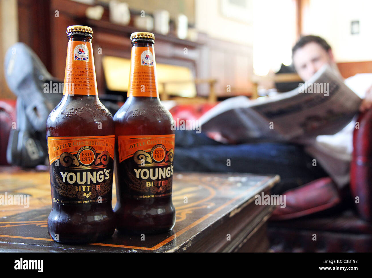 Bottles of Young's bitter. Stock Photo