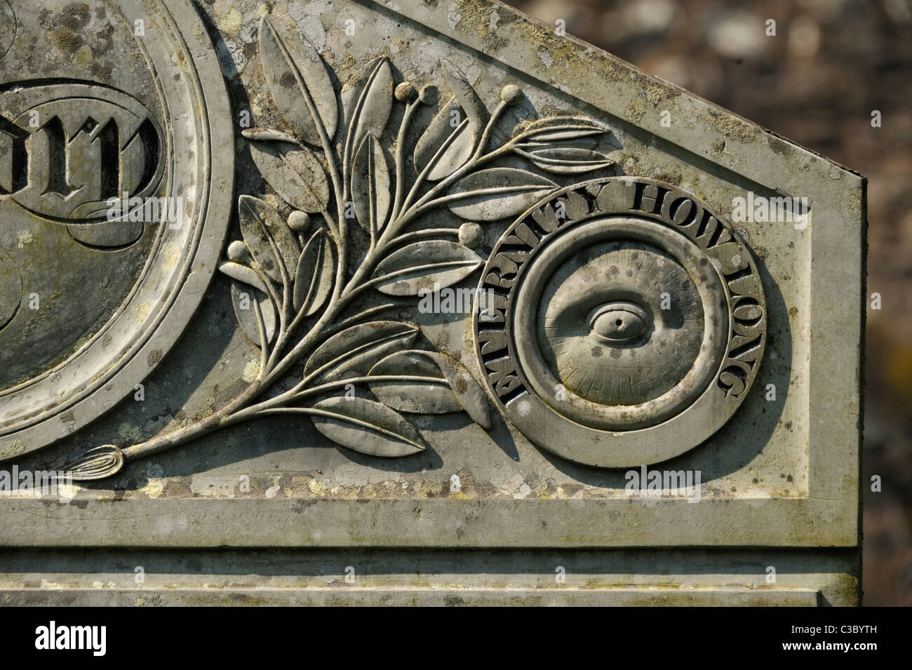 'ETERNITY HOW LONG', detail of gravestone, Church of Saint Kentigern. Caldbeck, Cumbria, England, United Kingdom, Europe. Stock Photo