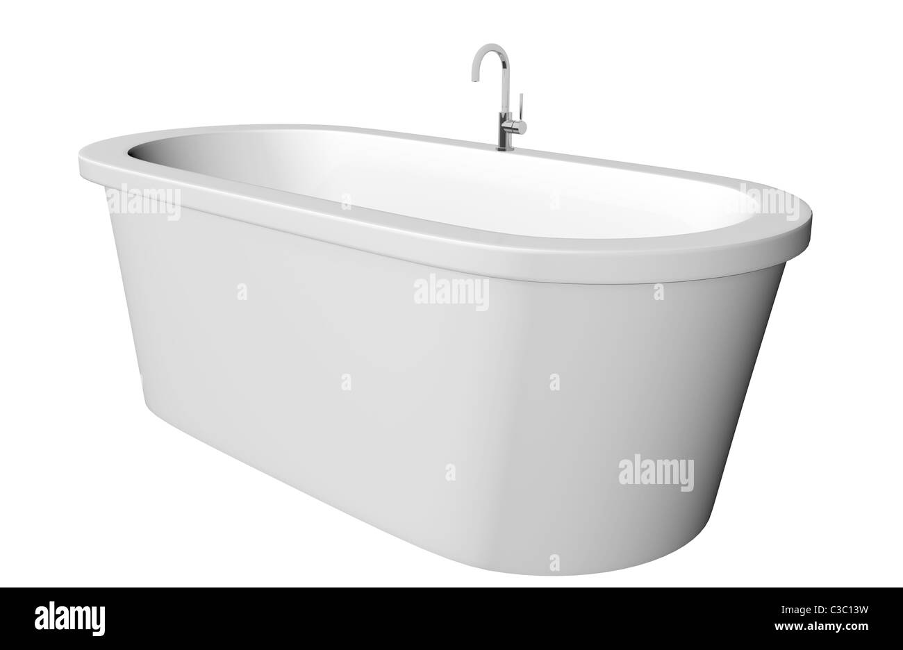 White and deep modern white bathtub with stainless steel fixtures, isolated against a white background Stock Photo