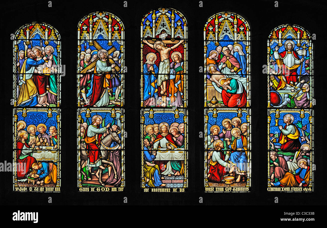 East window by William Wailes. Church of Saint Kentigern. Caldbeck, Cumbria, England, United Kingdom, Europe. Stock Photo