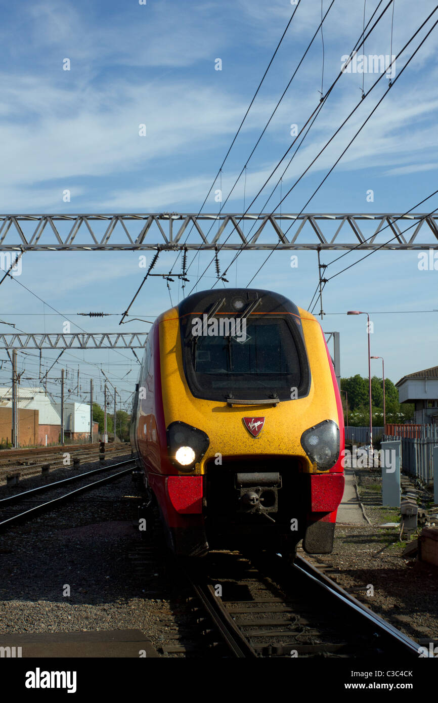 Splattered Cab on Virgin PendolinoTrain at Carlisle Railway Station, Cumbria, Great Britain, UK Stock Photo