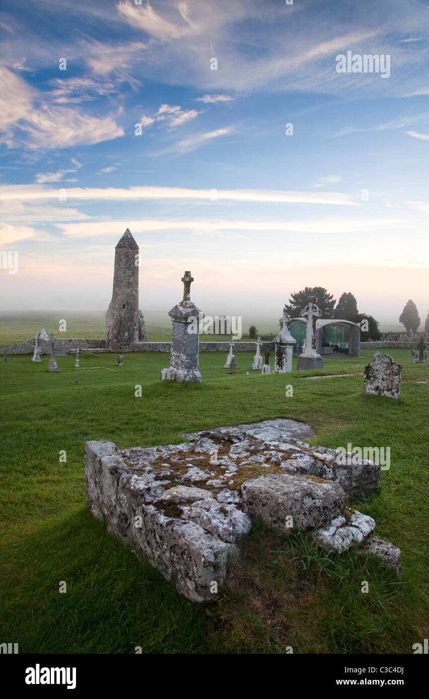 Dawn at Clonmacnoise monastic site, County Offaly, Ireland. Stock Photo