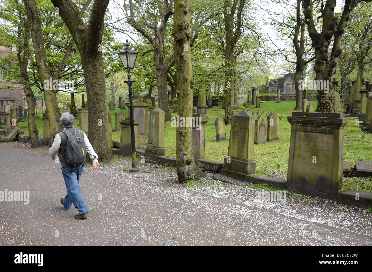 A man strolling through St Cuthbert's Churchyard at the West End of Princes Street in Edinburgh. Stock Photo