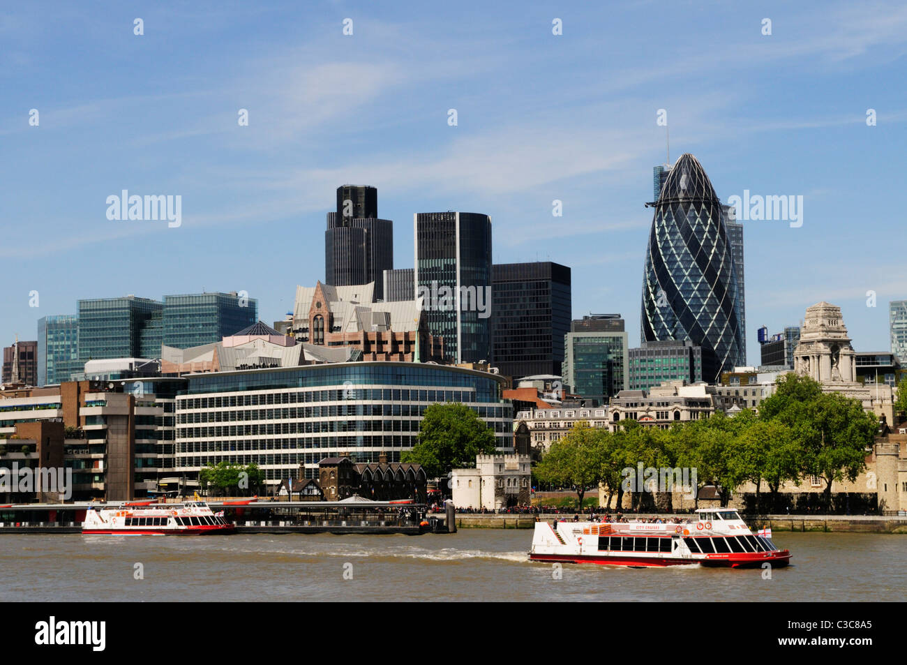 City Sightseeing Cruise Boats near Tower Pier, London, England, UK Stock Photo