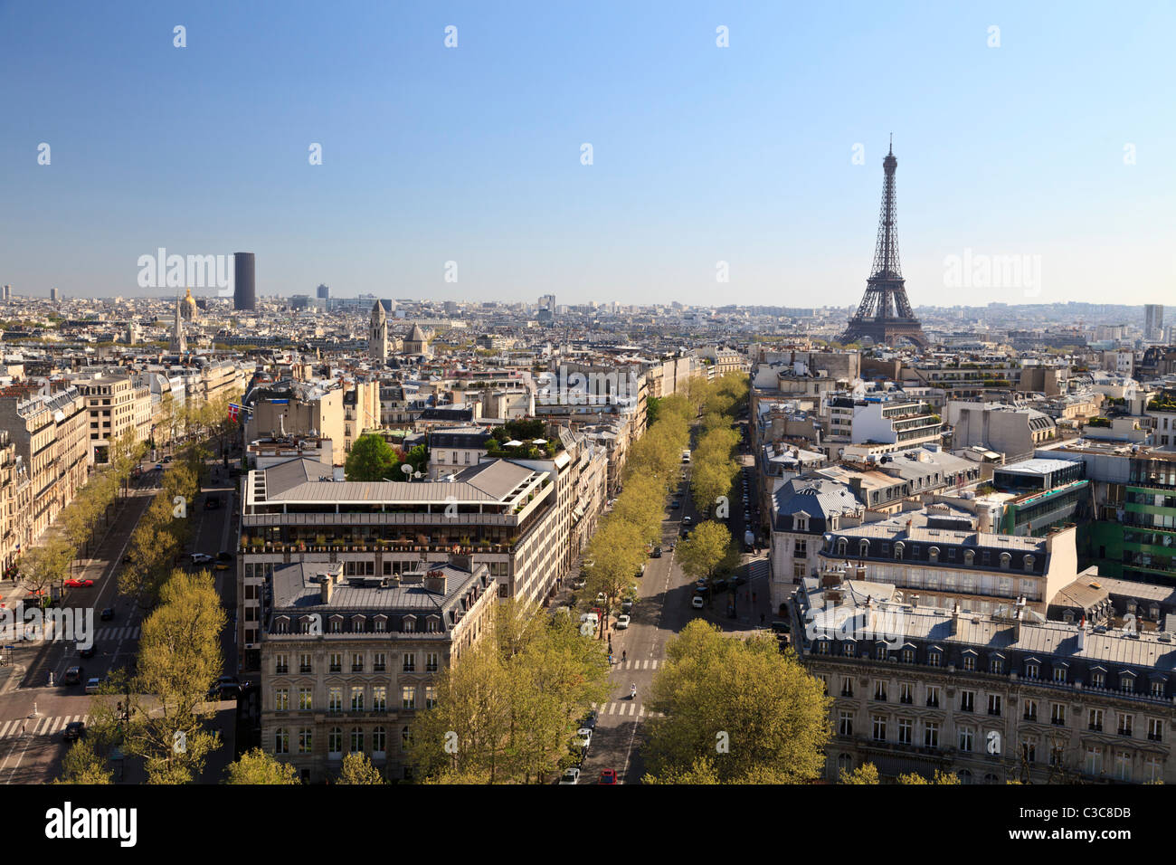 View from the top of the Arc de Triomphe looking towards the Eiffel Tower, Paris Stock Photo