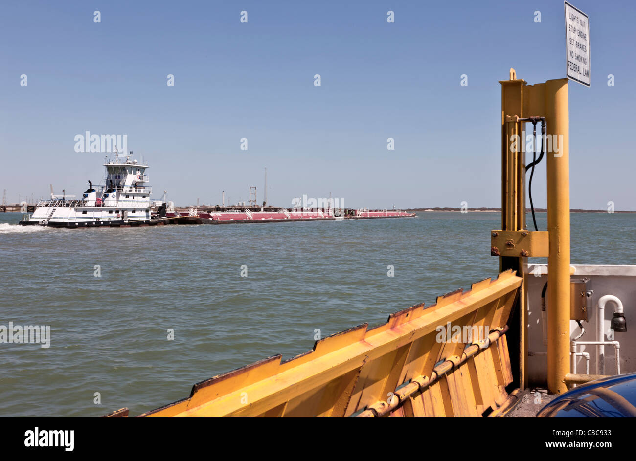 Tugboat pushing fuel barges, Corpus Ship Christi Ship channel, Stock Photo