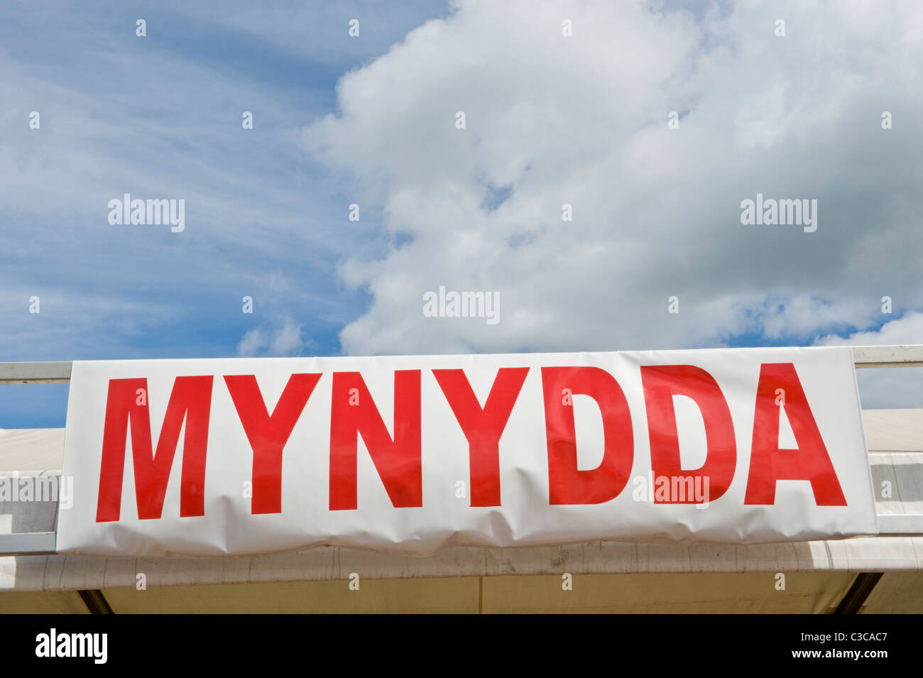 MYNYDDA Welsh language sign at National Eisteddfod 2010 Ebbw Vale Blaenau Gwent South Wales UK Stock Photo