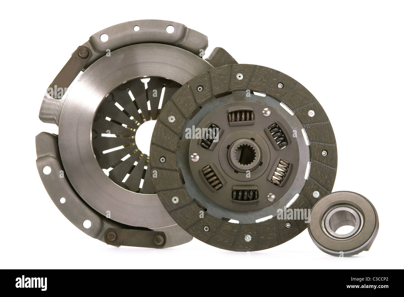 Spare parts of motor vehicle forming clutch plate and disc Stock Photo