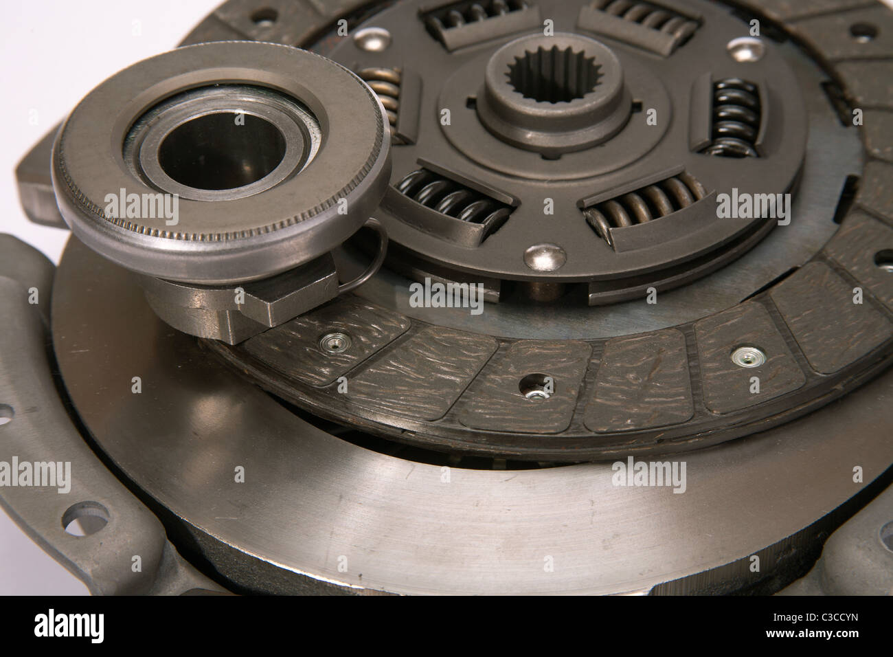 Spare parts of motor vehicle forming clutch plate and disc Stock Photo
