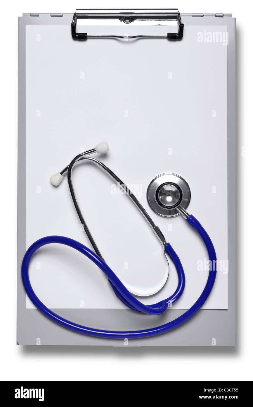 Photo of a metal hospital clipboard and stethoscope with blank paper to add your own notes Stock Photo